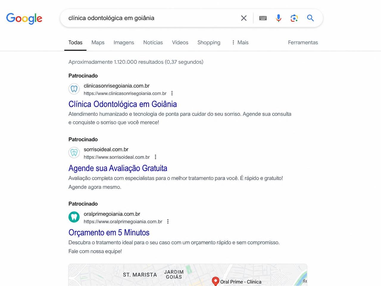 Exemplo de anúncios patrocinados no topo da pesquisa do Google
