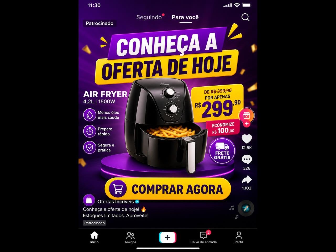 Exemplo de anúncio em vídeo vertical no TikTok com botão de compra