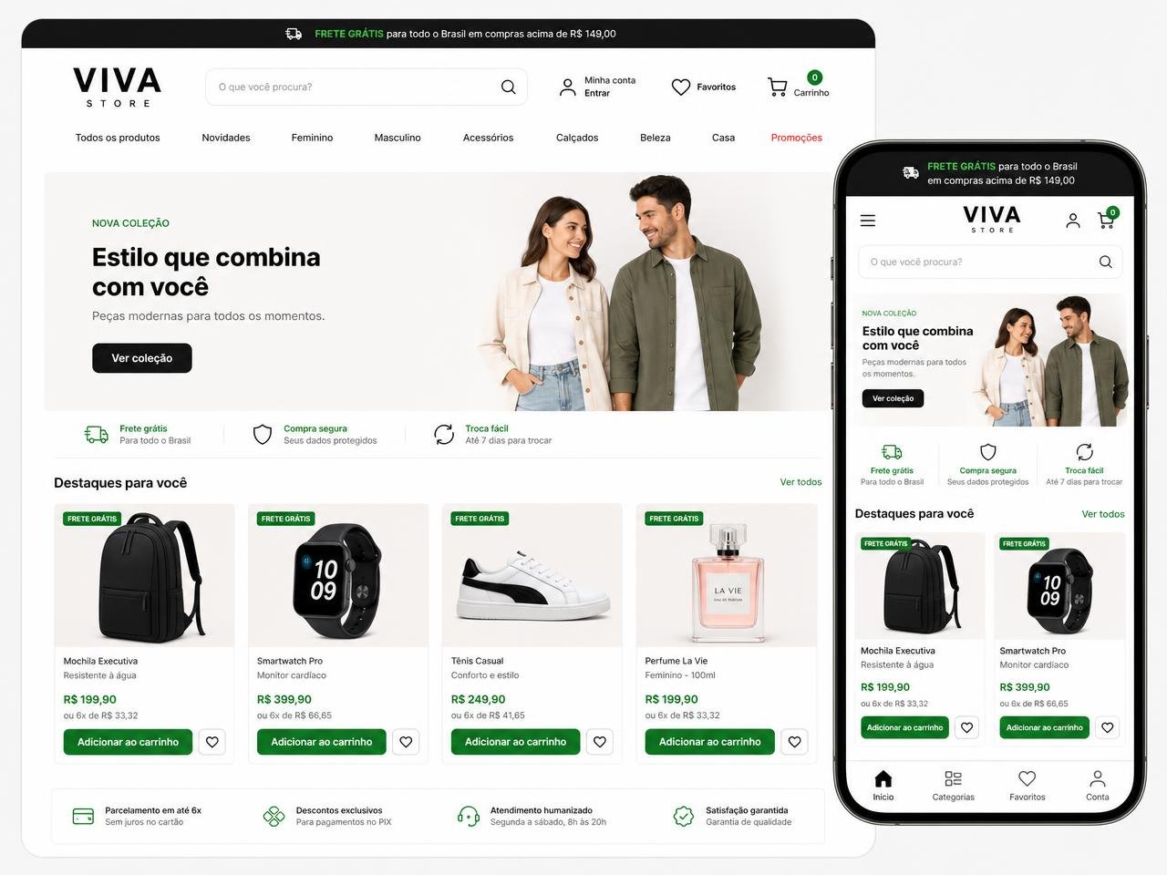 Exemplo de loja virtual em português no computador e no celular