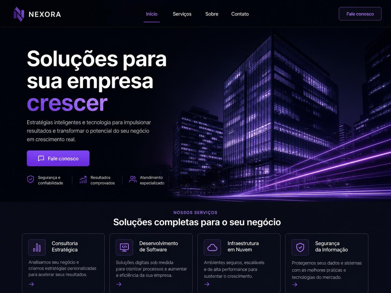 Exemplo de site institucional em português com menu e seção de serviços